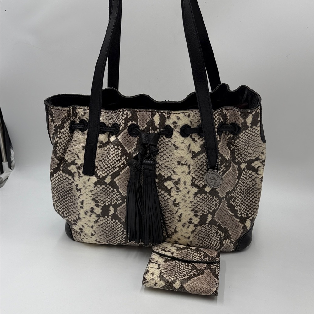 Patricia Nash Leather Drawstring Witney Tote - Python Matching Wallet - Picture 2 of 16